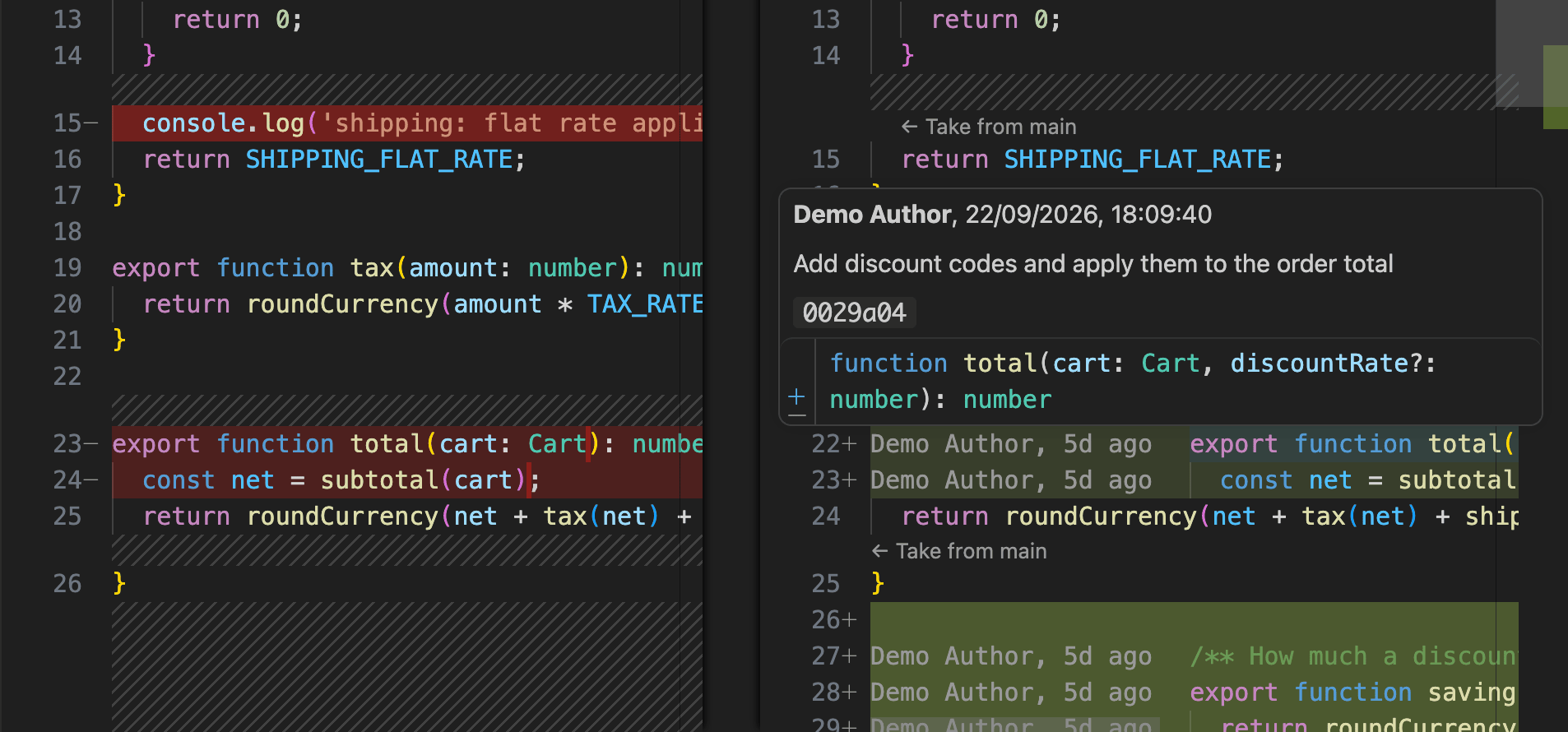 Blame labels beside changed lines, and a hover showing the author, date, commit summary and hash.