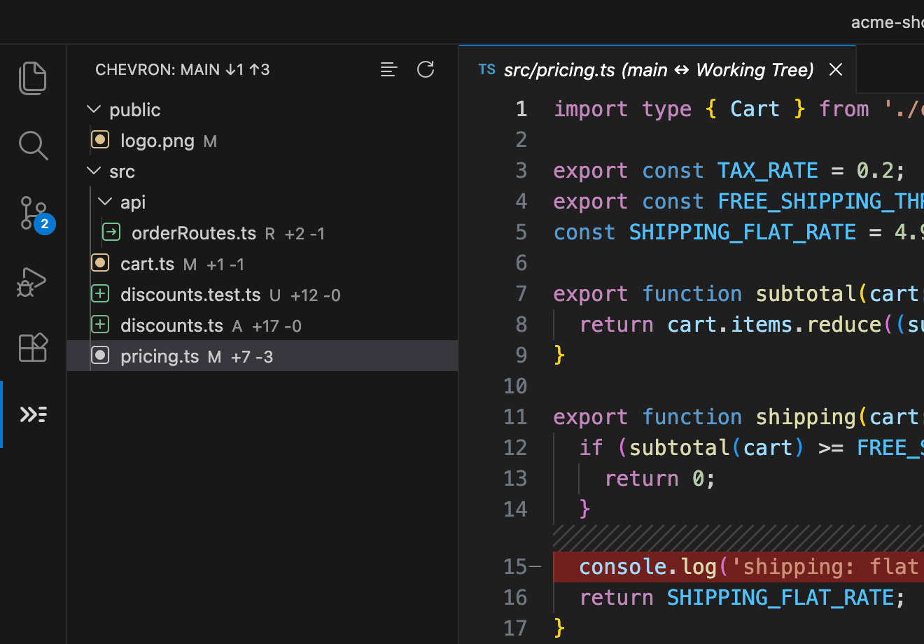 The Chevron view headed “main ↓1 ↑3”, listing renamed, modified, added and untracked files with line counts, beside a diff.